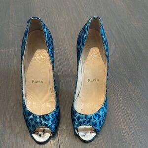 Christian Louboutin Blue Leopard Print Peep Toe Heels